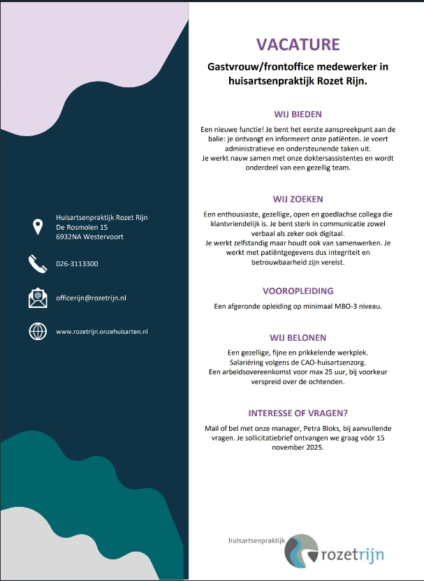 Vacature gastvrouw/frontoffice medewerker